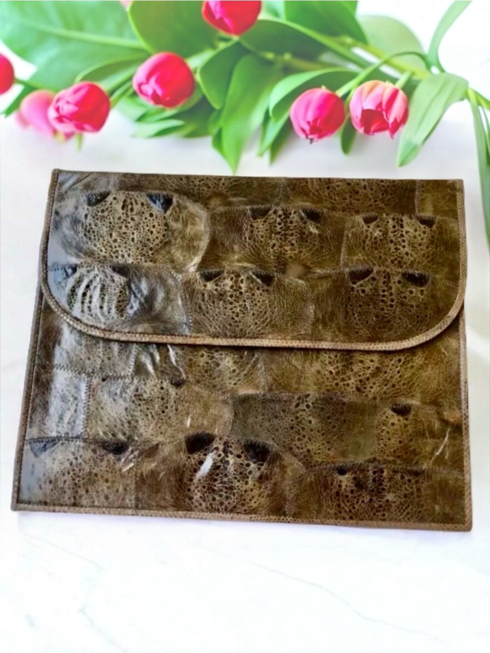 Vintage Baretta Design Large Leather Patchwork Clutch Exotic Reptile Toad Skin